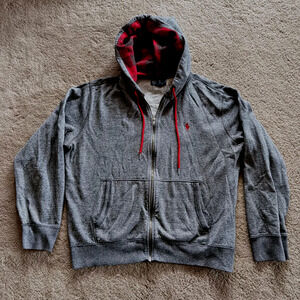 Vintage Polo Ralph Lauren Hoodie Gray Full Zip Mens Plaid Lined Hood XL RARE